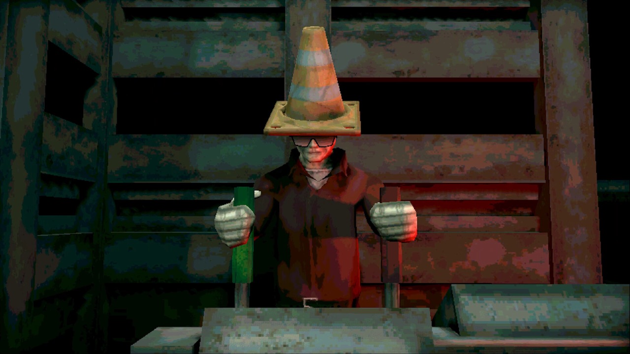 A Machine Party character wearing a traffic cone hat operating industrial control levers.