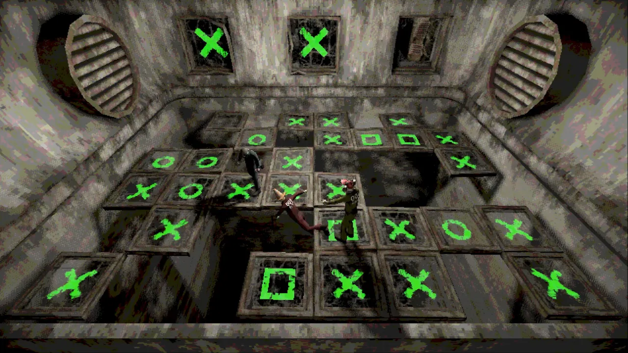 Three Machine Party characters crossing an industrial floor marked with green symbols.
